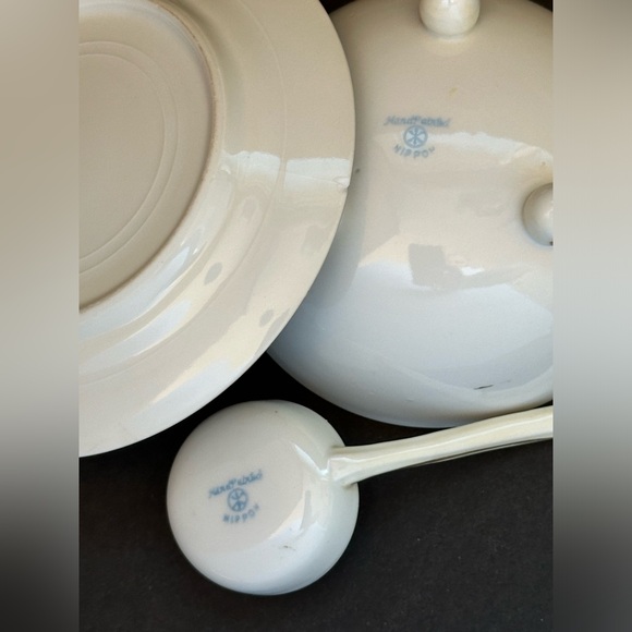 Antique NIPPON 3 Footed Condiment Bowl Plate & Ladle w Hand-painted Gold Flowers - Picture 6 of 12